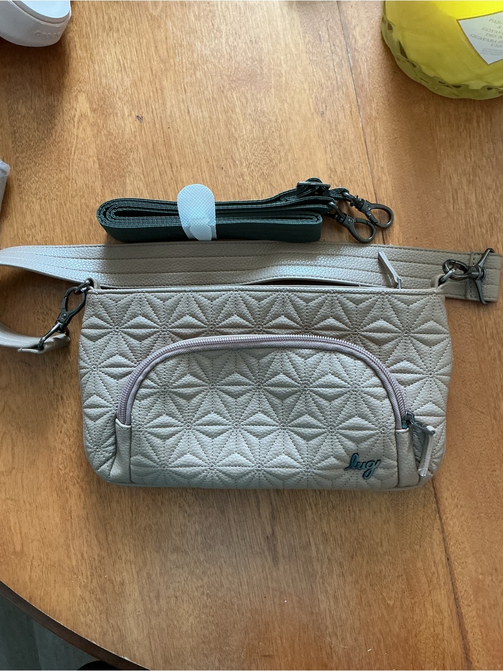 lug Quilted Crossbody Bag in Light Gray with Green Strap